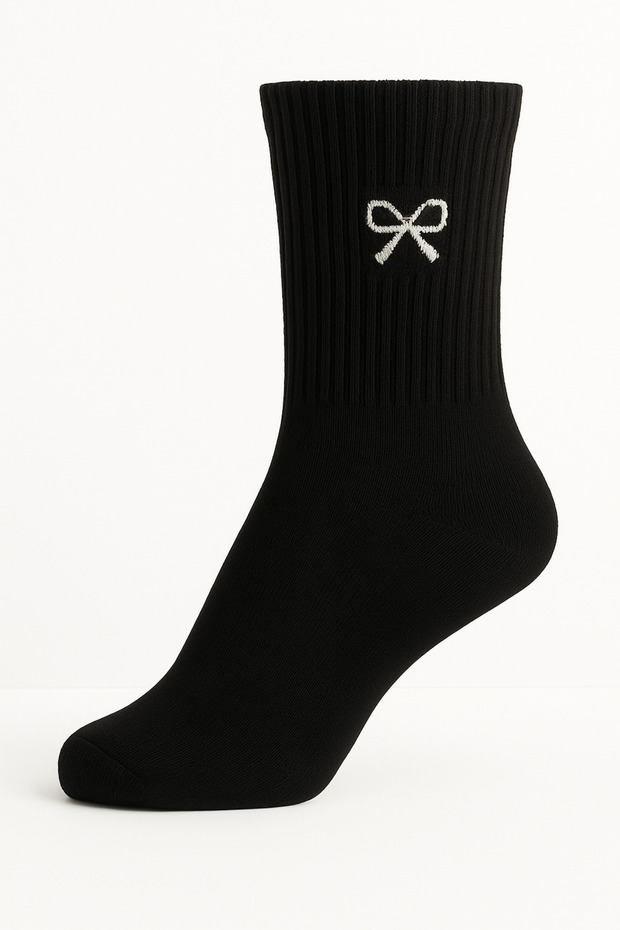 مجموعة من 4 أزواج من الجوارب النسائية القطنية الصيفية الشتوية مع نمط تطريز شريط الفيونكة - 3