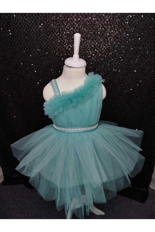 One Shoulder Stone Detailed Tulle Children's Evening Dress