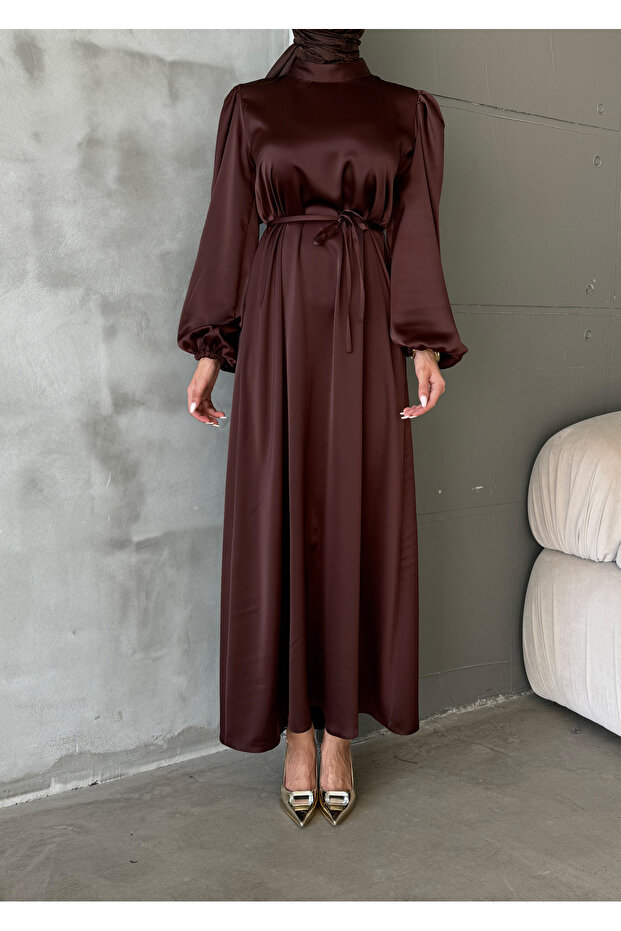 Balloon Sleeve Satin Hijab Oversize Piping Belted Hijab Dress