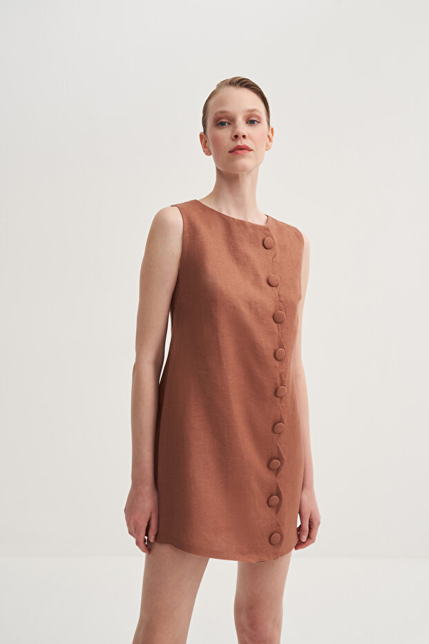 Asimetrik Düğmeli Elbise - 4