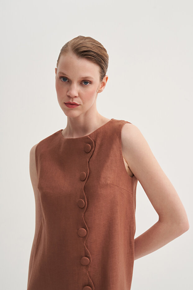 Asimetrik Düğmeli Elbise - 5