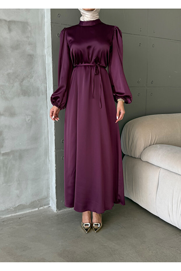 Balloon Sleeve Satin Hijab Oversize Piping Belted Hijab Dress