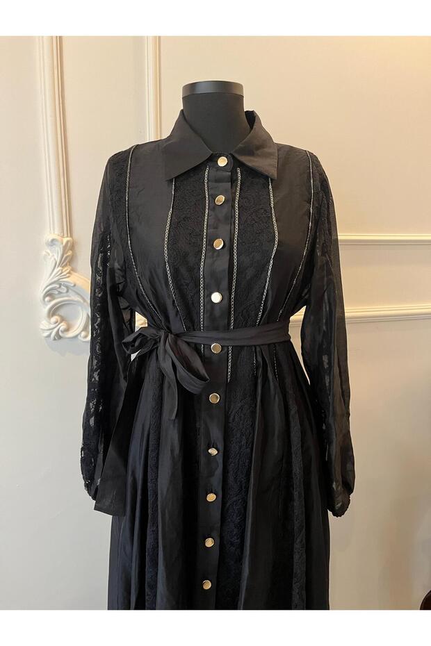 İthal İpekli Dantelli Siyah Elbise - 1