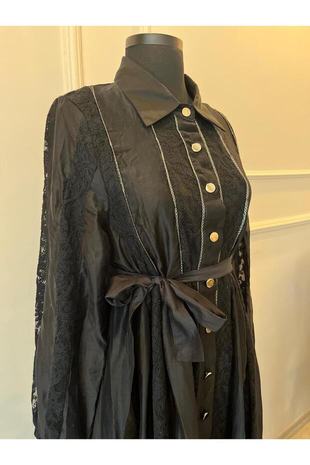 İthal İpekli Dantelli Siyah Elbise - 3