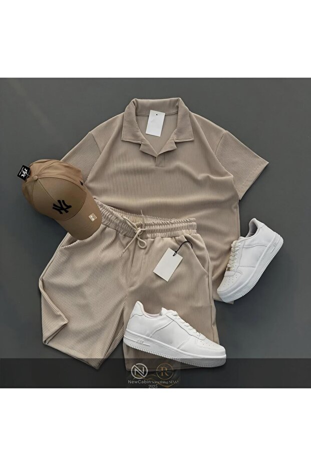 Ribbed Ottoman Premium Fabric Polo Collar Unisex T-Shirt and Shorts Set