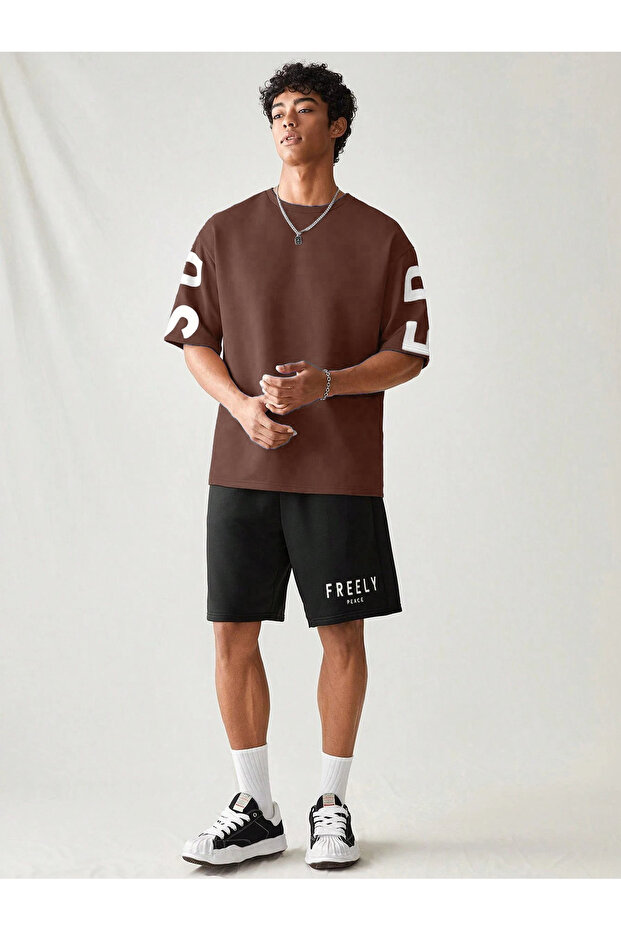 Men's Freely Printed Special Design Oversize Tshirt and Shorts Bottom-Top Set