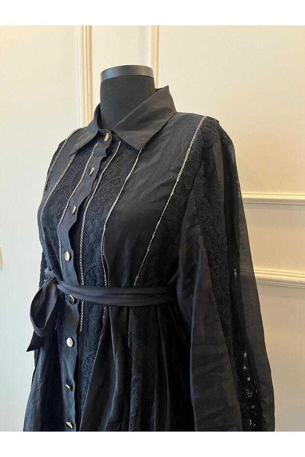 İthal İpekli Dantelli Siyah Elbise - 4