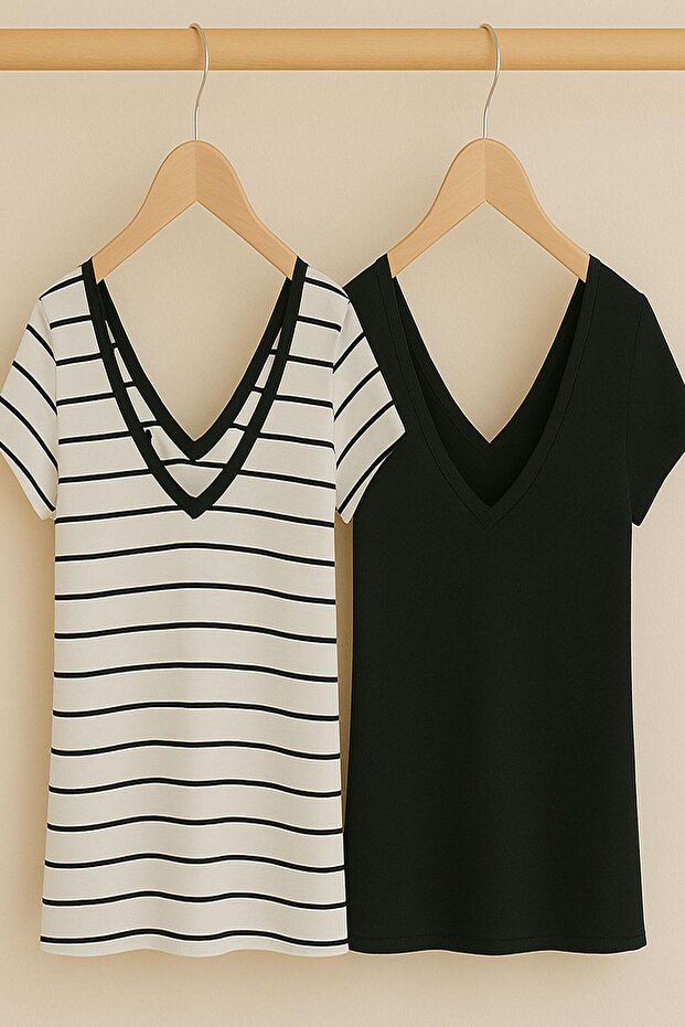 2 Pieces Front and Back V-Neck Basic T-Shirts - 1
