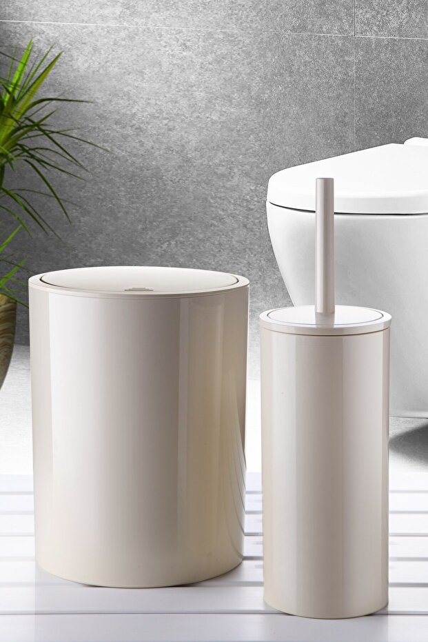 Flores 2'li Banyo Seti Çöp kovası Tuvalet fırçası - Bej - 1