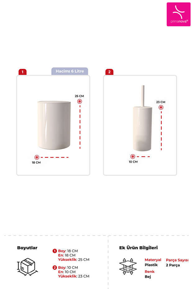 Flores 2'li Banyo Seti Çöp kovası Tuvalet fırçası - Bej - 3