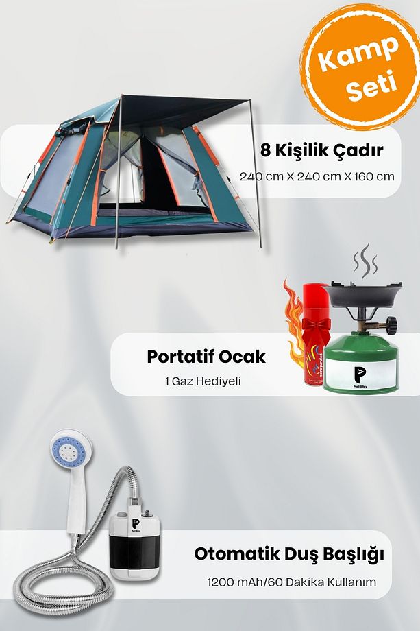 8 Kişilik Çadır + Kamp Ocağı + Otomatik Duş Başlığı - 1
