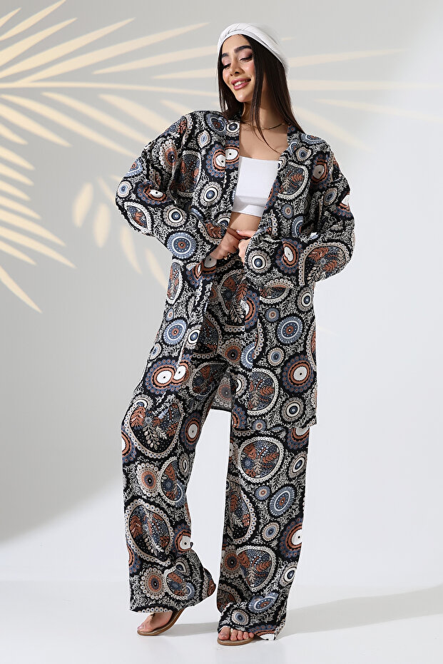 طقم كيمونو منقوش بطول ماكسي من الأعلى إلى الأسفل - 3