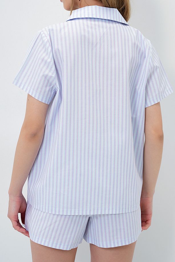 Kadın Bebe Mavi Çizgi Desenli Önü Düğmeli Dokuma Gömlek Ve Şort Pijama Takım Pjmx13891 - 5