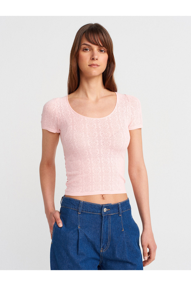 10755 Short-Sleeved Lace Textured Thin Knitwear Blouse