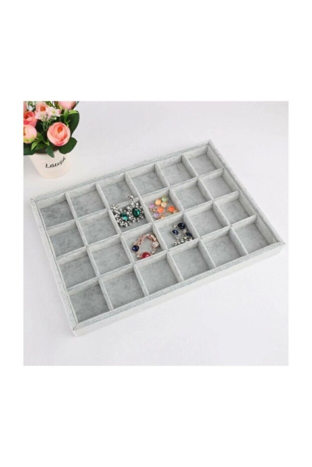 Suede Gray 24 Compartment Necklace Earring Ring Serving Table on Domestic Mdf
