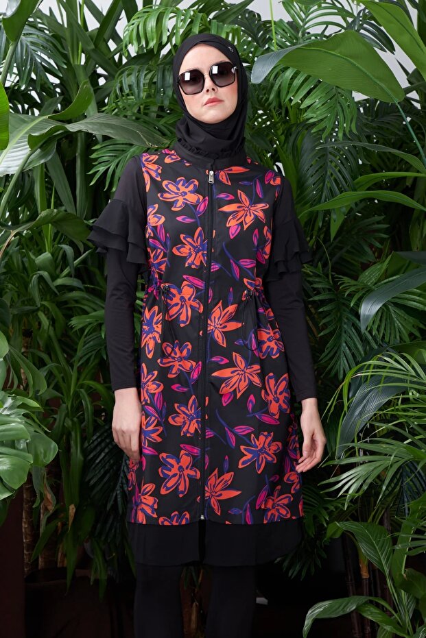 Çiçek Baskılı Tesettür Mayo Sw36.245 - Siyah - 3