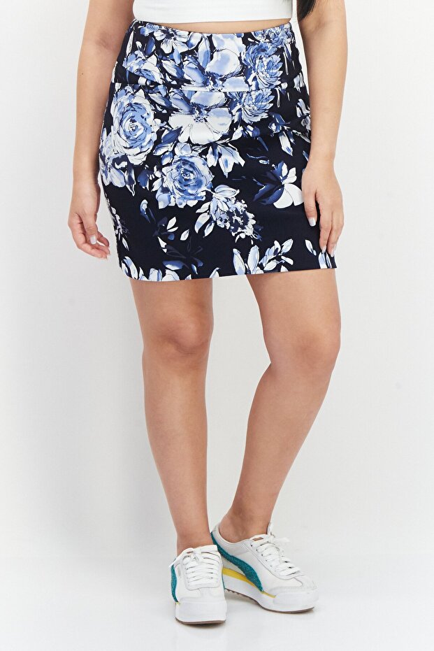 Women Floral Casual Mini Skirts, Navy Combo