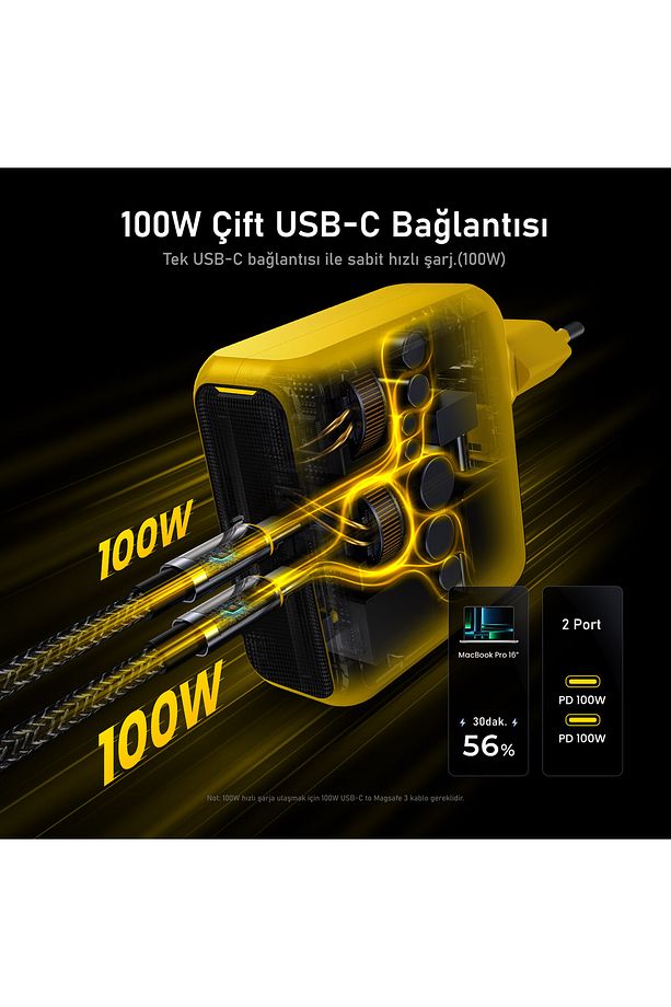 Magcube 2 Portlu Şarj Adaptörü, GaN+ 100W Hızlı Şarj Cihazı, Sarı - 6