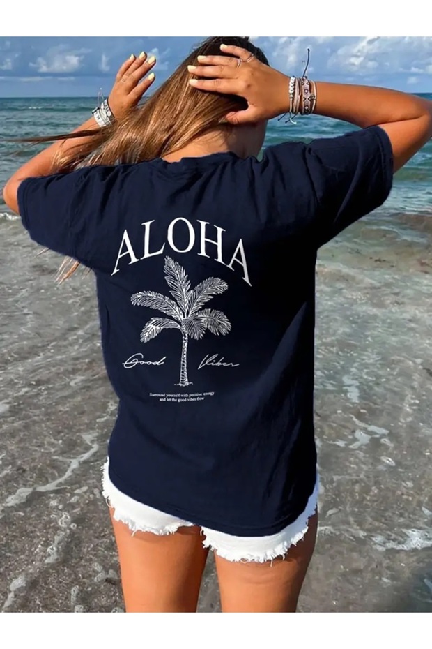 تي شيرت Aloha On Back مطبوع للجنسين مقاس كبير