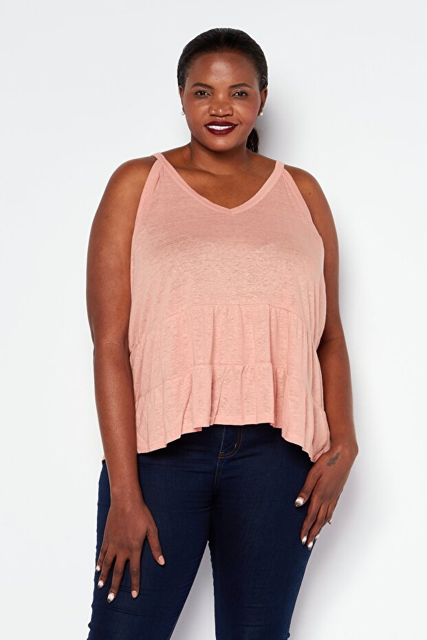 بلوزة نسائية سادة بدون أكمام ورقبة على شكل حرف V، وردية