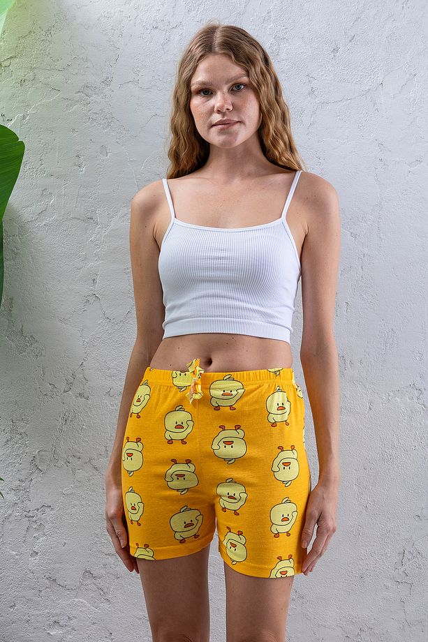 Kadın Beli Lastikli Desenli Şort Pijama Altı Sarı - 2027 - 3