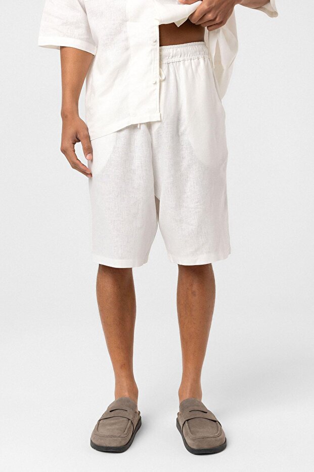 Oversize Keten Şort Ekru - 2