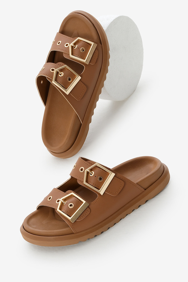 Women's Tan Poly Sole Double Banded Buckle Slippers