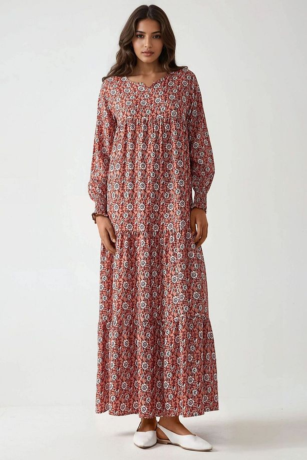 Desenli Yuvarlak Yaka Viskon Modest Elbise - 4