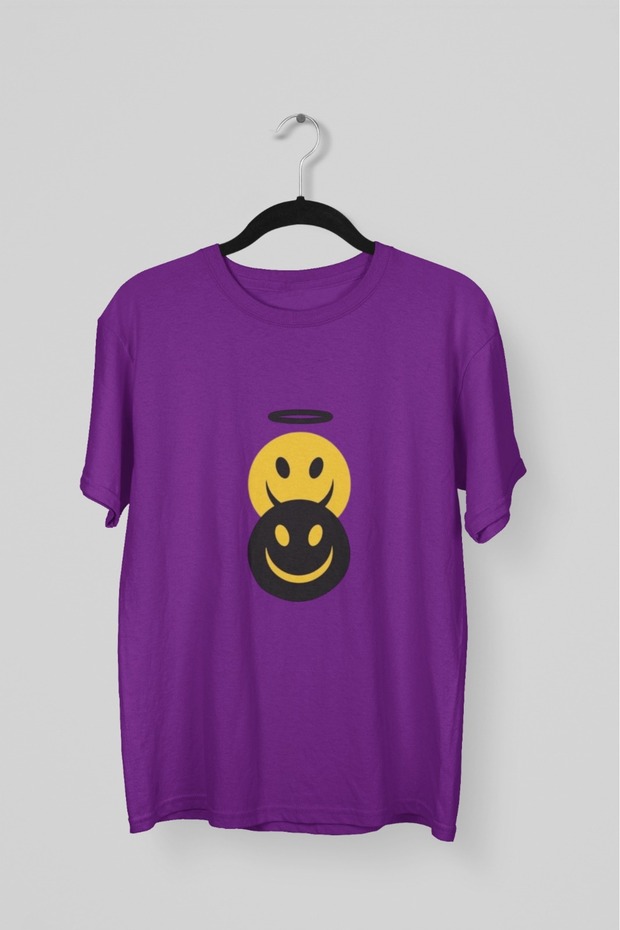 Men/Women - Double Smiling Face - Transfer Printed Round Neck Short Sleeve T-Shirt
