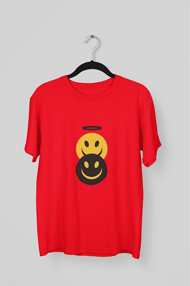 Men/Women - Double Smiling Face - Transfer Printed Round Neck Short Sleeve T-Shirt