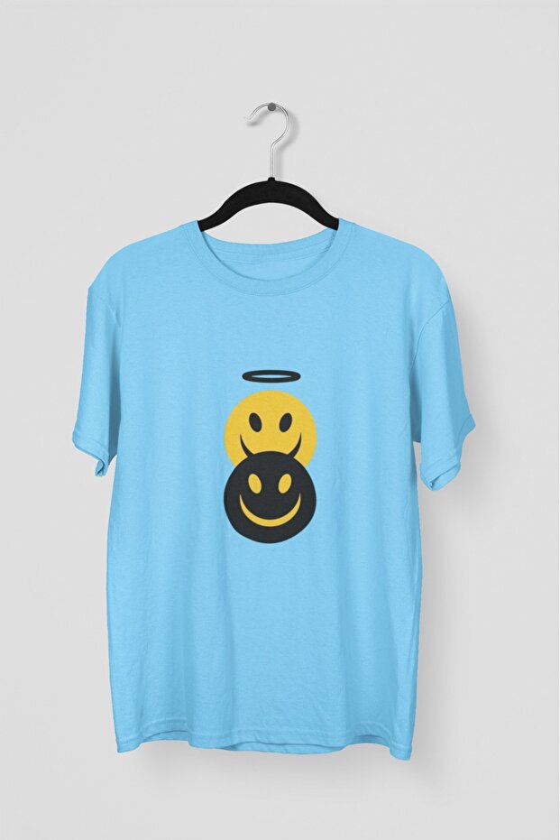 Men/Women - Double Smiling Face - Transfer Printed Round Neck Short Sleeve T-Shirt