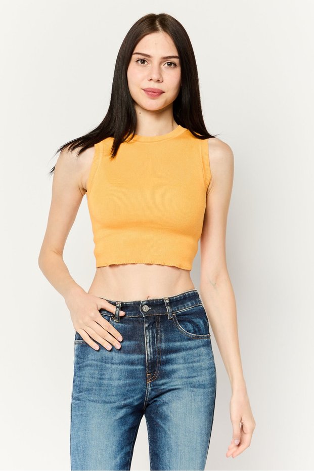 Women Ribbed Neck Sleeveless Textured Tank Top, Yellow