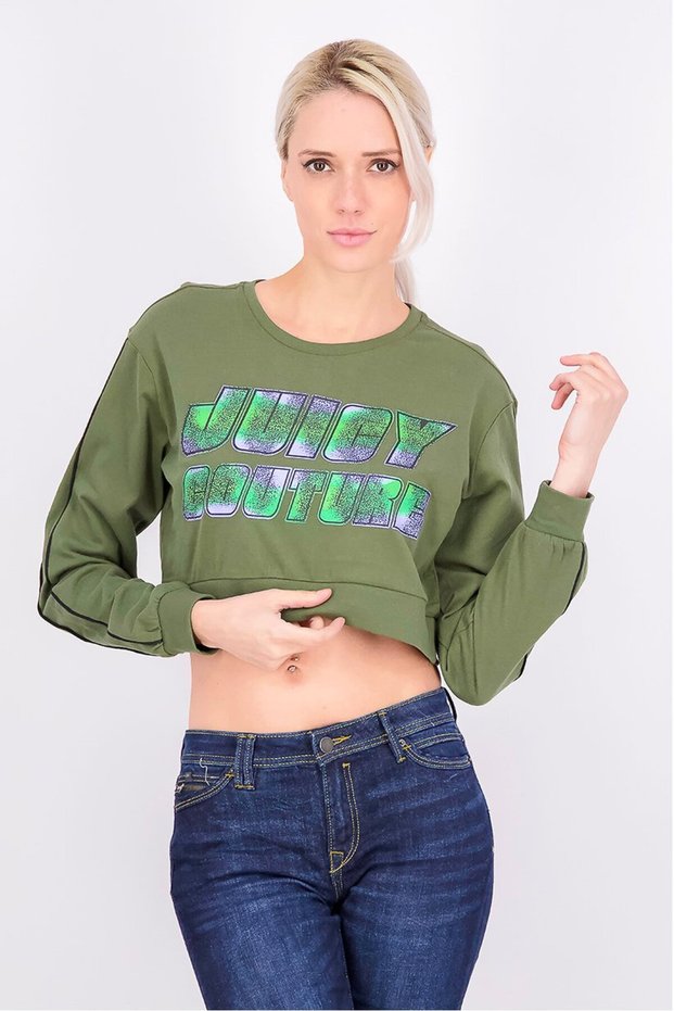 Women Crew Neck Long Sleeve Graphic Sweater, Green
