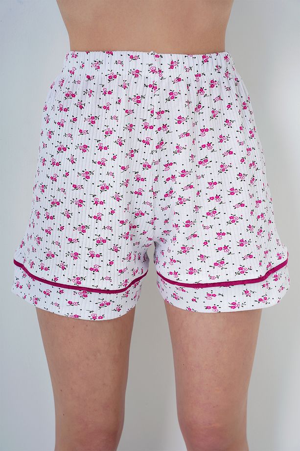 Kadın Papatya Desen Fuşya Tek Cepli Biye Detaylı Pamuklu Gömlek Ve Şortlu Pijama Takımı Pjmx13911 - 4