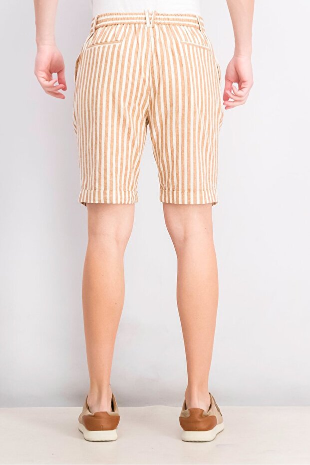 شورت رجالي مخطط أساسي، بني وبيج - 3