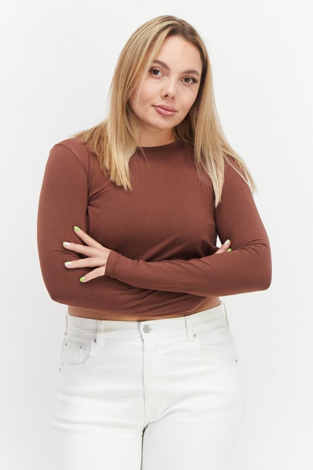 Women Crew Neck Long Sleeve Plain Cut Out Crop Top, Brown