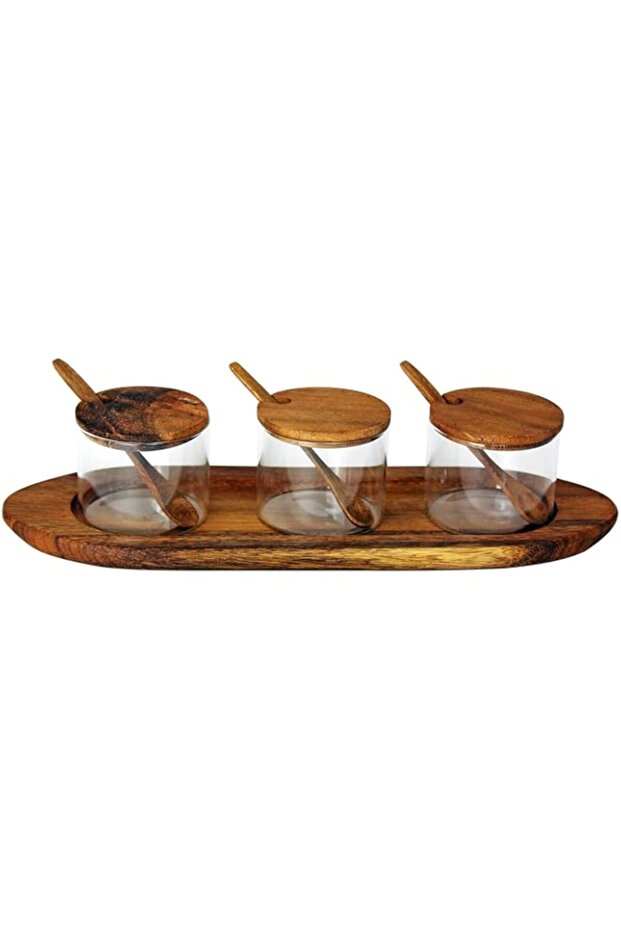 BLACKSTONE Walnut Wooden Spice Storage Container With Bottom tray and 3 Glass Jars Condiment set - W - 1