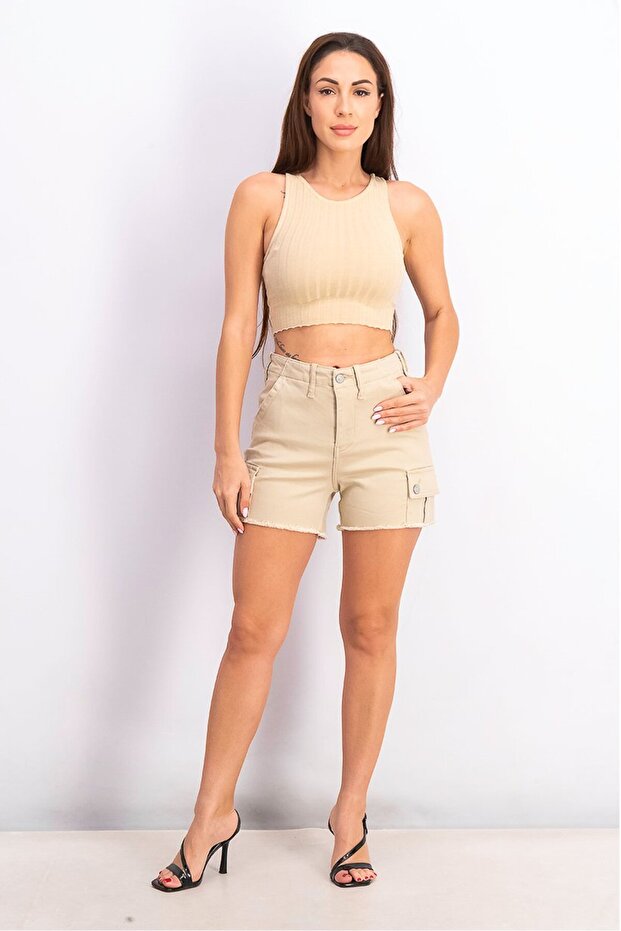 شورت كارجو سادة للنساء، بيج - 4