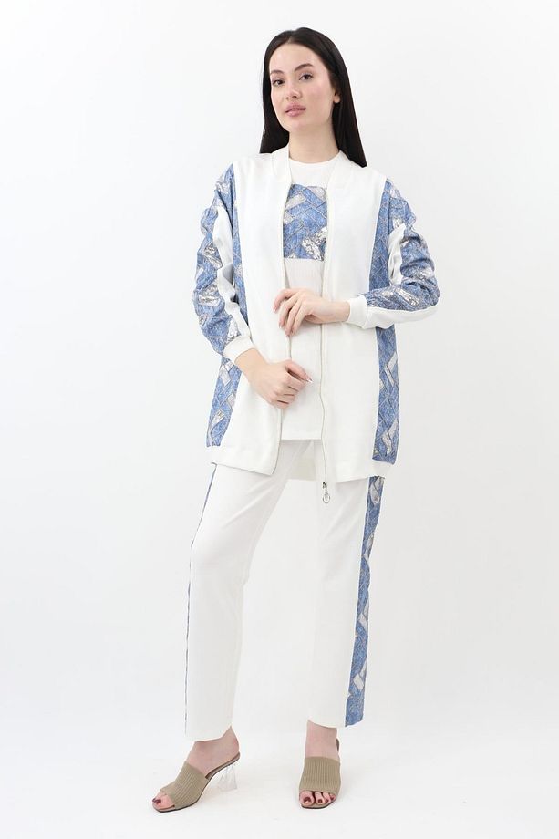 Denim Detaylı Pul İşlemeli Fermuarlı Takım 2777-TCP - Ekru-Mavi - 1
