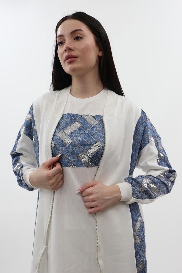 Denim Detaylı Pul İşlemeli Fermuarlı Takım 2777-TCP - Ekru-Mavi - 4