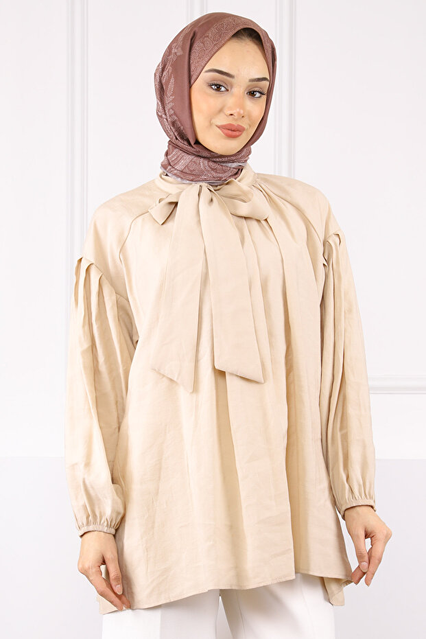 Beige Collar Detailed Balloon Sleeve Tunic