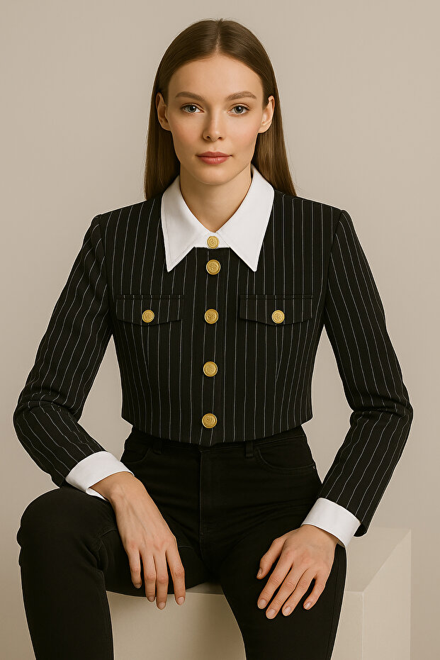 Women's Striped Crop Jacket Black