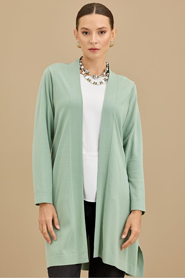 Beli Kemerli Rayon Basic Hırka MİNT - 3