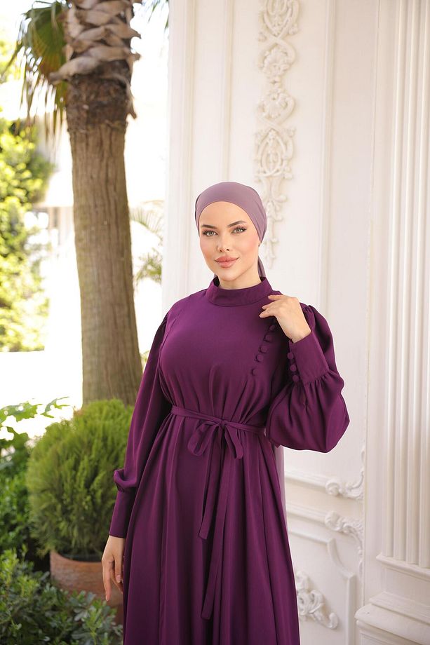 Mürdüm Yandan Kaplama Düğmeli Elbise 5086 - 2