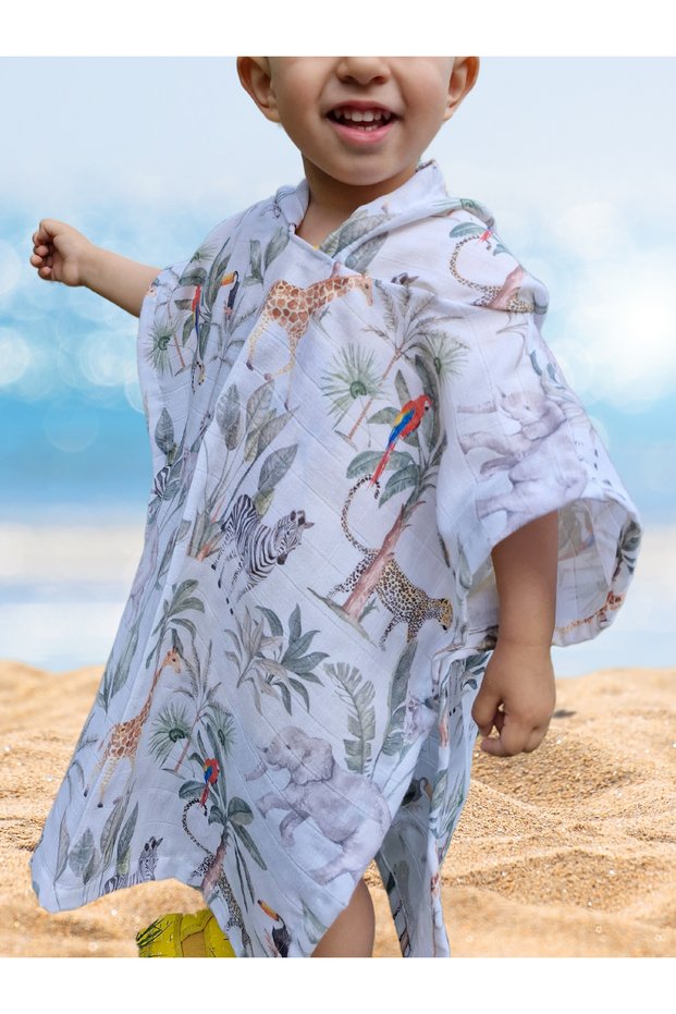 2 Layers Organic Muslin Hooded Poncho Bathrobe Sea Beach Pool Towel Kids Baby Boy Girls Tropical