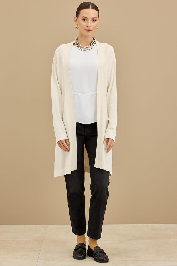 Beli Kemerli Rayon Basic Hırka VANİLLA - 3