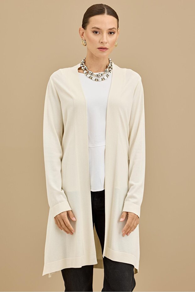 Beli Kemerli Rayon Basic Hırka VANİLLA - 1