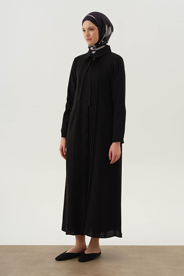 Kravat Yaka Piliseli Pardesü - Siyah - 5