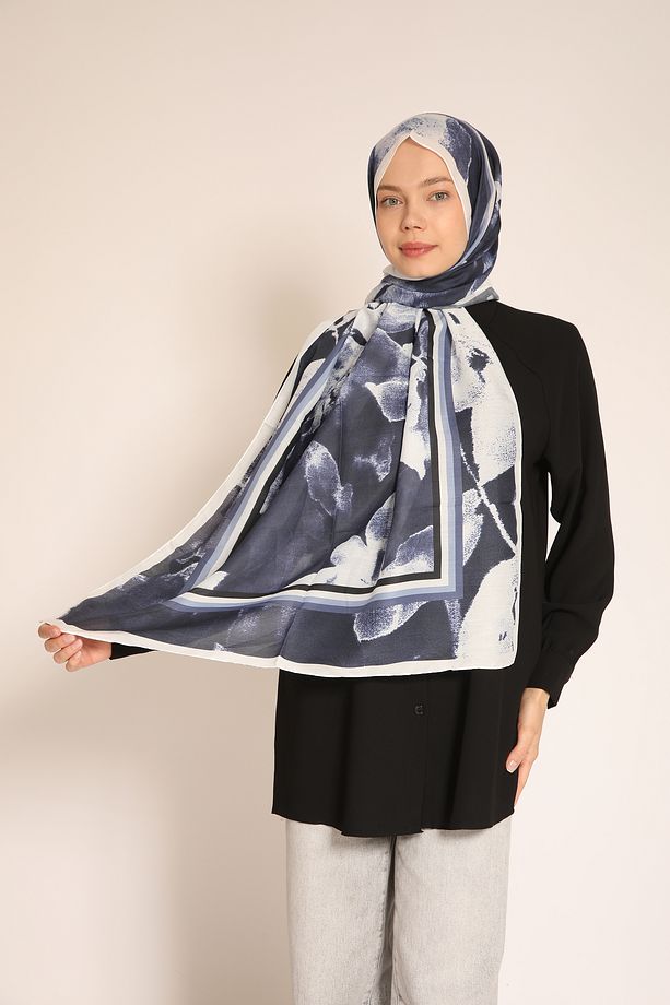 Soyut Sanat Etkili Soft Şal | Lacivert Çiçek ve Yaprak Desenli Kadın Şal - 4