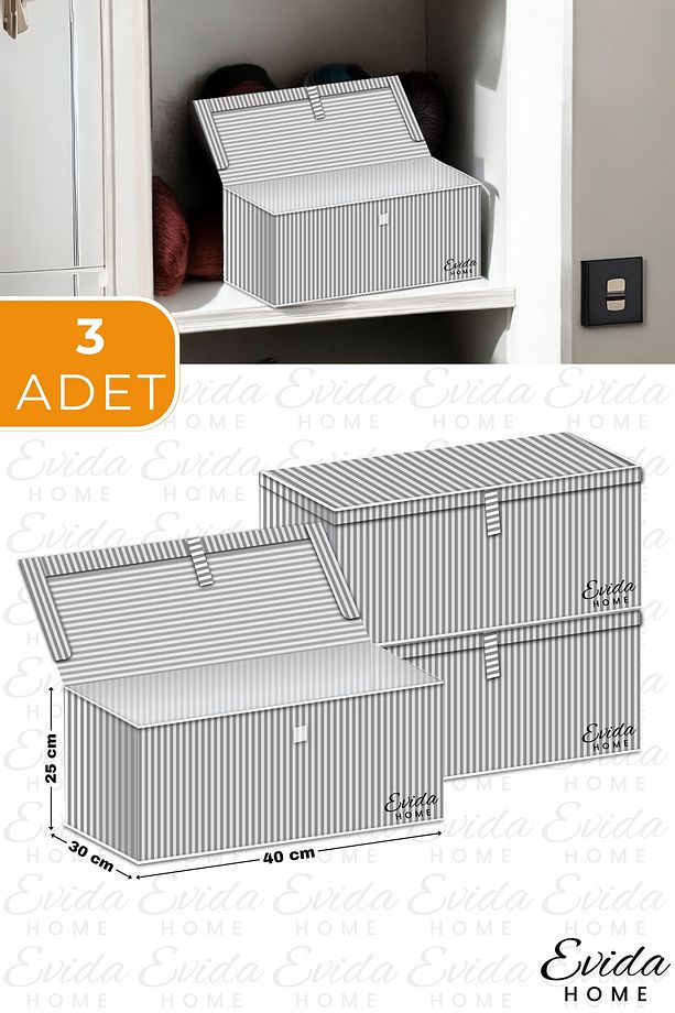 3 Adet Mini Çok Amaçlı Saklama Kutusu,oyuncak Kutusu,organizer,kutu Hurç Gri Çizgili Desen 40x30x25 - 3